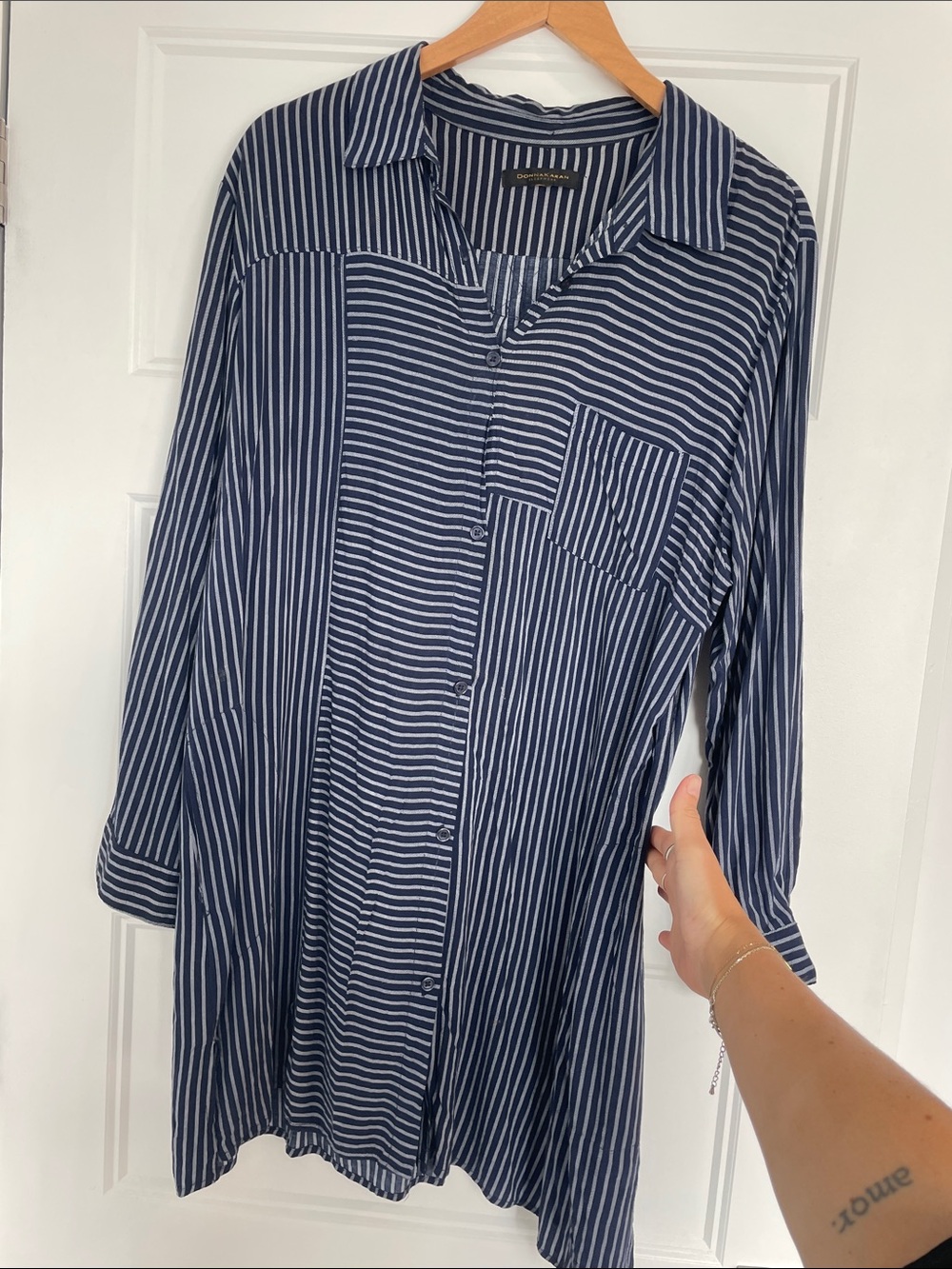 Donna Karan Navy and White Striped Long Sleeve Shirt Dress